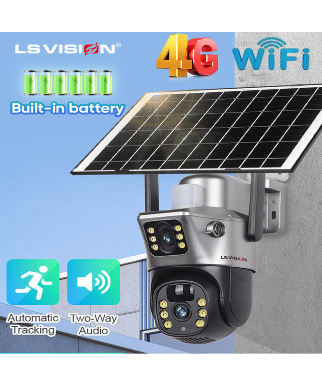 LS VISION 4K 8MP Wireless Solar Camera Dual Screen WiFi PTZ Camera Outdoor Built-in Battery Video Surveillance Camera V380PRO