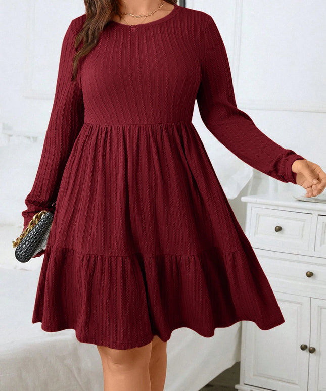 Plus size women's autumn and winter dress, solid color round neck long sleeve ruffle hem dress with pockets, autumn and winter p