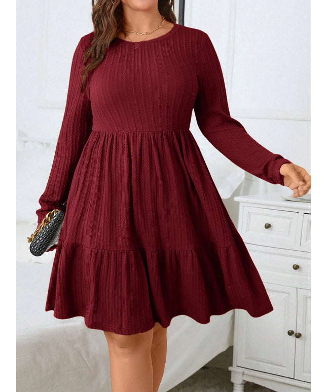 Plus size women's autumn and winter dress, solid color round neck long sleeve ruffle hem dress with pockets, autumn and winter p
