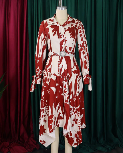 Elegant Printed Dresses Woman 2024 Turn Down Collar Single Breasted Full Sleeve Asymmetric Ankle Length Fashion Birthday Dress