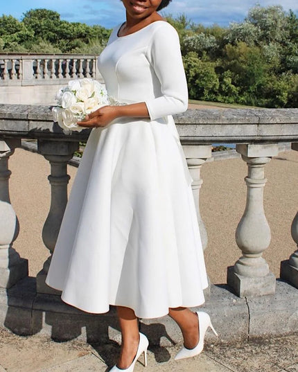 Elegant Party Dress for Woman 2024 Modern O Neck Three Quarter Sleeve High Waisted A Line Mid Calf Birthday Dinner Wedding Cloth