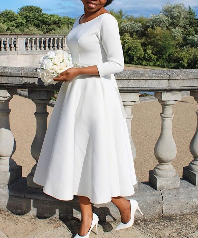 Elegant Party Dress for Woman 2024 Modern O Neck Three Quarter Sleeve High Waisted A Line Mid Calf Birthday Dinner Wedding Cloth