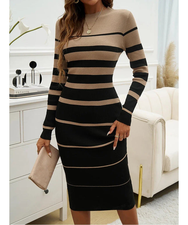 ITOOLIN Women Patchwork Streetwear Dress Long Sleeve Knit Office Lady Elegant Dress Striped Bodycon Dress Fall Holiday Vestido