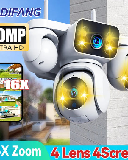 New 16X Zoom Four Screen 20MP WiFi Camera Four Lens 10K Video Surveillance Waterproof Auto Tracking Security Protection IP Cam