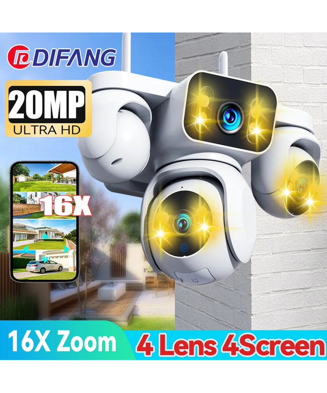New 16X Zoom Four Screen 20MP WiFi Camera Four Lens 10K Video Surveillance Waterproof Auto Tracking Security Protection IP Cam