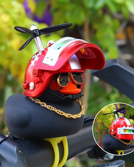 Cool Black Rubber Duck Toy Bike Car Ornaments Dashboard Decorations Squeeze Duck Bicycle Horns with Propeller Helmet for Kids
