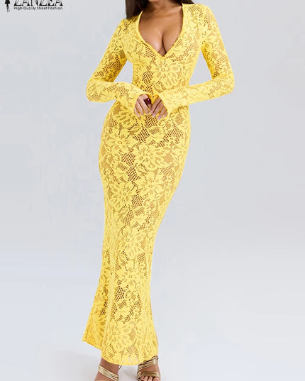 ZANZEA Women's Sexy Tight Clubbing Party Dresses Deep-V Neck Long Sleeve See-Through Lace Bodycon Long Dress Plus Size 5XL