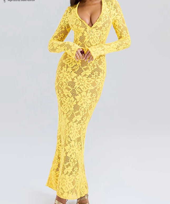 ZANZEA Women's Sexy Tight Clubbing Party Dresses Deep-V Neck Long Sleeve See-Through Lace Bodycon Long Dress Plus Size 5XL