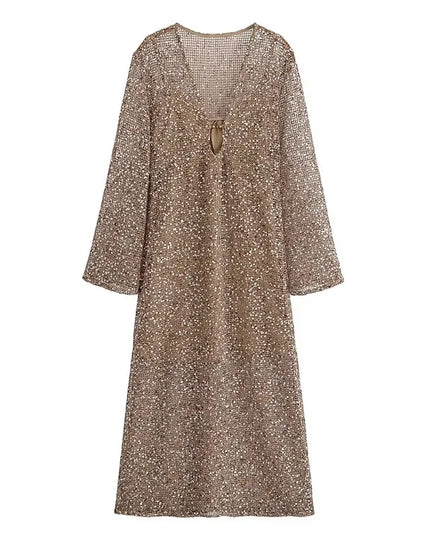 Sexy Sequined Long Pleated Dress Women Deep V-neck Full Sleeve See Through Dresses 2025 Summer Lady Party Evening Dresses ﻿