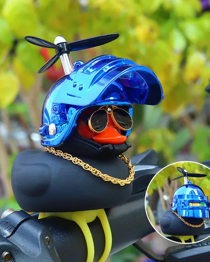 Cool Black Rubber Duck Toy Bike Car Ornaments Dashboard Decorations Squeeze Duck Bicycle Horns with Propeller Helmet for Kids