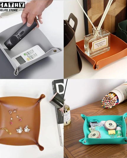 Leather Tray Foldable Table Catchall Storage Box Jewelry Key Coin Desk Top Organizer Entryway Nightstand Home Office Decoration