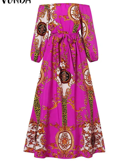 VONDA Women Printed Party Dress 2024 Sexy Off Shoulder Long Lantern Sleeve Bohemian Sundress Belted Vintage Maxi Robe Oversized