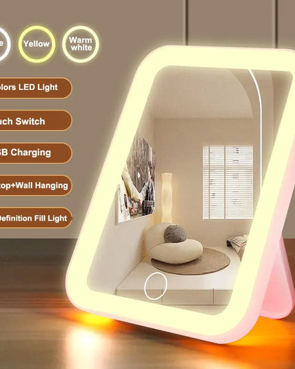 3 Colors LED Vanity Mirror with Touch Screen USB Rechargeable Dimming Makeup Mirror 3 Brightness Portable