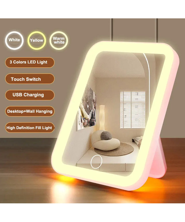 3 Colors LED Vanity Mirror with Touch Screen USB Rechargeable Dimming Makeup Mirror 3 Brightness Portable