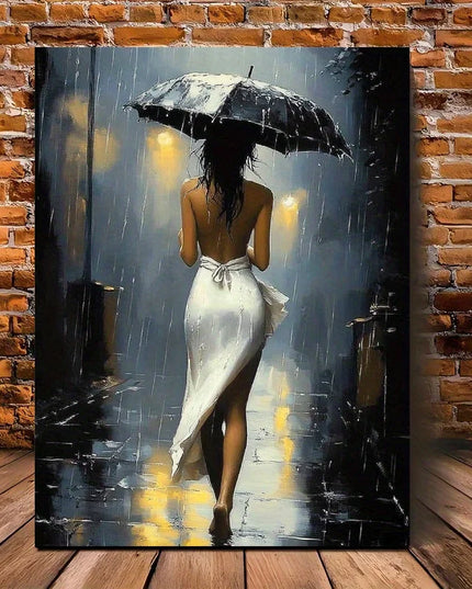 [Elegant Style] Romantic Rainy Night Canvas Art with Wooden Frame–Elegant Umbrella Street Scene, Perfect for Living Room,Bedroom
