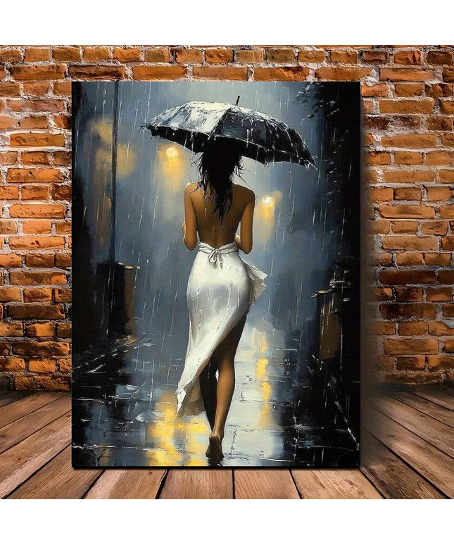 [Elegant Style] Romantic Rainy Night Canvas Art with Wooden Frame–Elegant Umbrella Street Scene, Perfect for Living Room,Bedroom