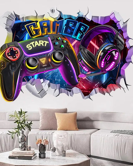 Larger Game Poster 3D Wall Hole Art Cool Gamer Zone Gamepad Vinyl Mural Stickers Home Decoration for Kids Bedroom Gaming Rooms