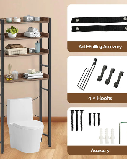 Over The Toilet Storage Rack 4-Tier Bathroom Organizer Freestanding Shelf Space Saver Toilet Stand Cabinet with 4 Hooks