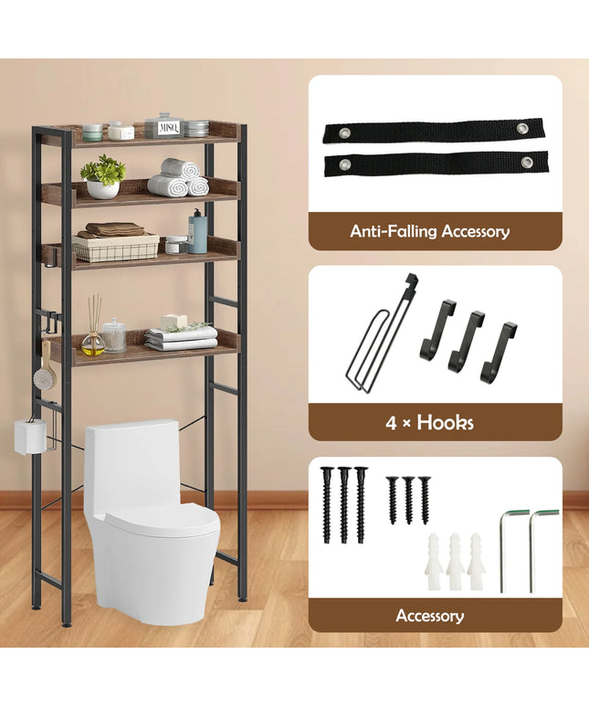 Over The Toilet Storage Rack 4-Tier Bathroom Organizer Freestanding Shelf Space Saver Toilet Stand Cabinet with 4 Hooks