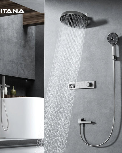 Luxury gun gray brass LED digital display shower system with wall mounted design, simple bathroom faucet for hot and cold water