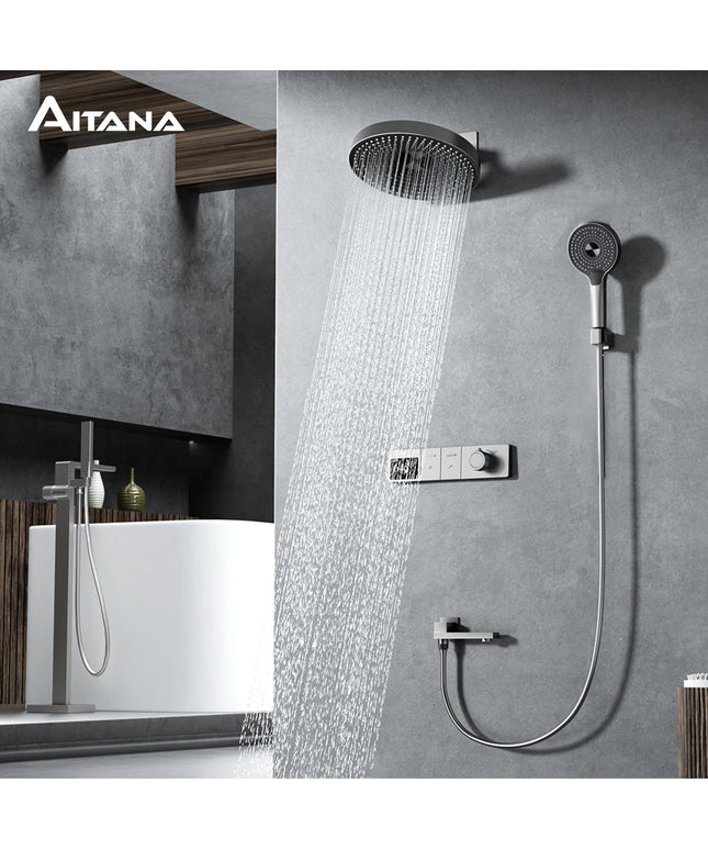 Luxury gun gray brass LED digital display shower system with wall mounted design, simple bathroom faucet for hot and cold water