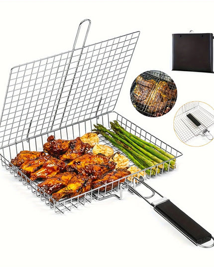 Stainless Steel Foldable And Thickened Barbecue Net Rack With Large Capacity For Grilling Chicken BBQ Grilling Basket WithHandle