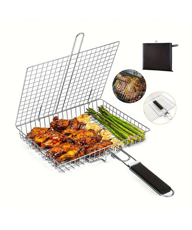 Stainless Steel Foldable And Thickened Barbecue Net Rack With Large Capacity For Grilling Chicken BBQ Grilling Basket WithHandle