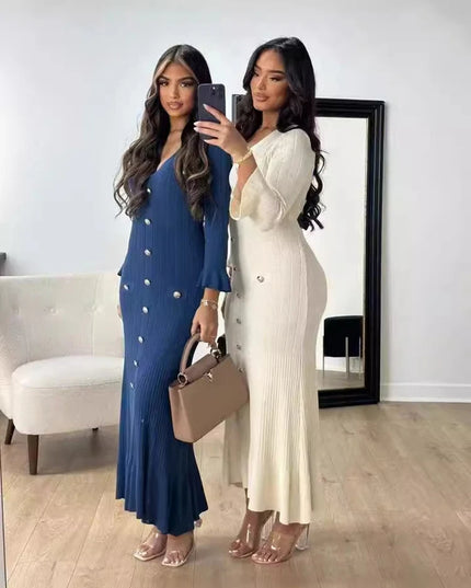 Elegant Knitted Long Dress Women Flare Sleelve V Neck Ruffles Single Breasted Bodycon Dresses Party Fashion Office Lady Vestidos