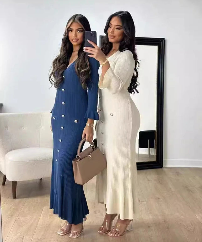 Elegant Knitted Long Dress Women Flare Sleelve V Neck Ruffles Single Breasted Bodycon Dresses Party Fashion Office Lady Vestidos