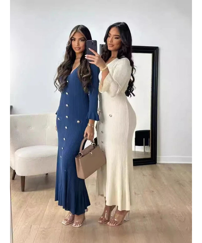 Elegant Knitted Long Dress Women Flare Sleelve V Neck Ruffles Single Breasted Bodycon Dresses Party Fashion Office Lady Vestidos