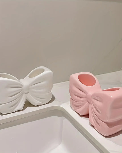 Bow-Shaped Toothbrush Holder with Storage for Electric Toothbrushes - Bathroom Decor, White & Pink DesignToiletry Organizer