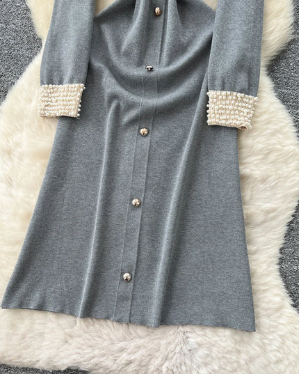 YuooMuoo Brand Fashion 2025 Autumn Winter Women Knitted Long Dress Luxury Pearls O-neck A-line Sweater Dress Office Lady Vestido