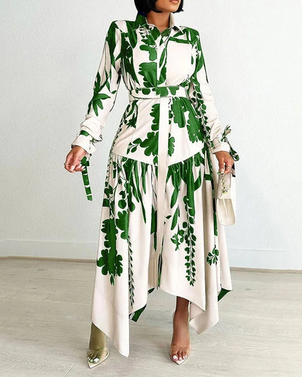 Elegant Printed Dresses Woman 2024 Turn Down Collar Single Breasted Full Sleeve Asymmetric Ankle Length Fashion Birthday Dress
