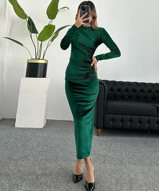 2024 Spring Summer Velvet Long Sleeve Midi Dress For Women Ruched Long Dress Elegant Party Clothes Evening Green Outfits