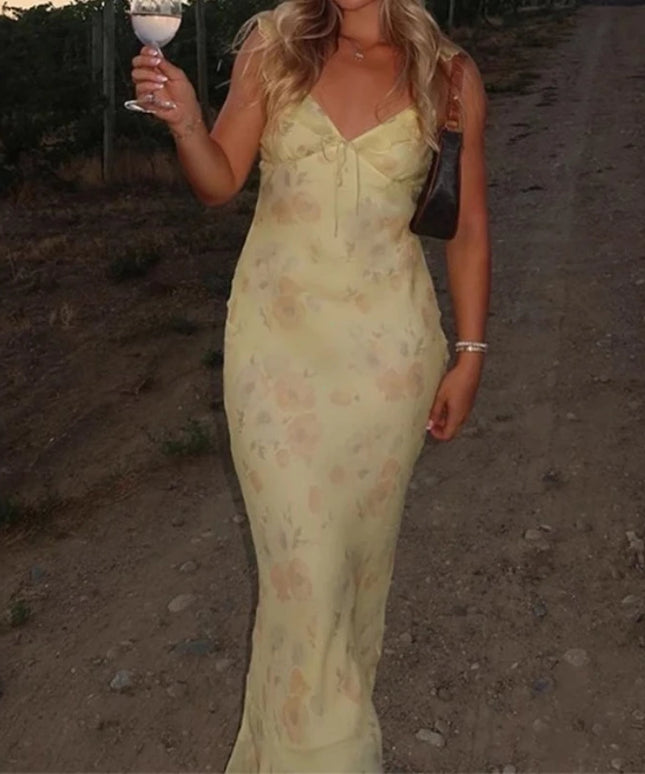 Summer Flower Printed Women's Sexy Low-cut Dress Sleeveless Backless Slim Sling Dresses 2025 Beach Vacation Lady Vestidos