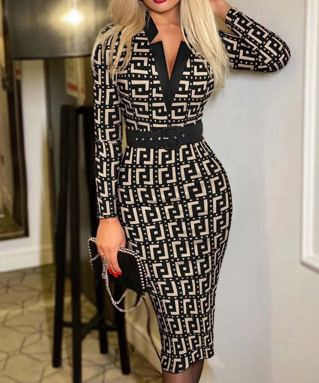Geo Print Slim Fit Dress, Elegant High Waist Slit Midi Dress, Women