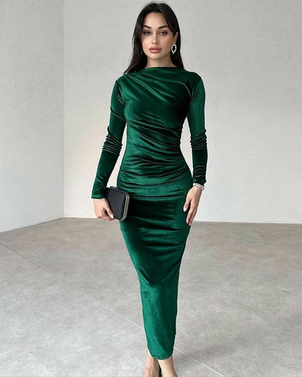 2024 Spring Summer Velvet Long Sleeve Midi Dress For Women Ruched Long Dress Elegant Party Clothes Evening Green Outfits