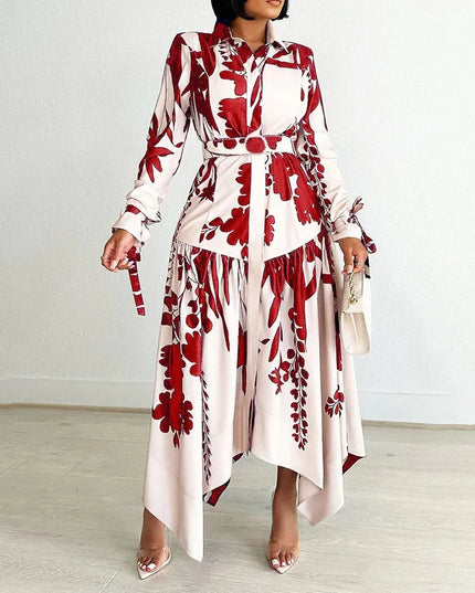Elegant Printed Dresses Woman 2024 Turn Down Collar Single Breasted Full Sleeve Asymmetric Ankle Length Fashion Birthday Dress