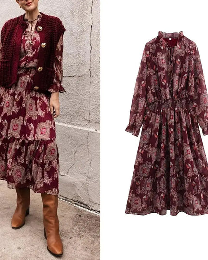 KONDALA Vintage Red Flower Print Chiffon Long Dress Long Sleeve O Neck Ruffles Loose Dress Fashion 2025 Spring Autumn Boho Dress