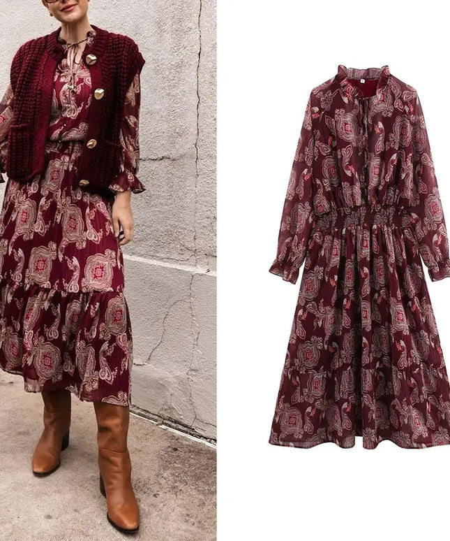 KONDALA Vintage Red Flower Print Chiffon Long Dress Long Sleeve O Neck Ruffles Loose Dress Fashion 2025 Spring Autumn Boho Dress