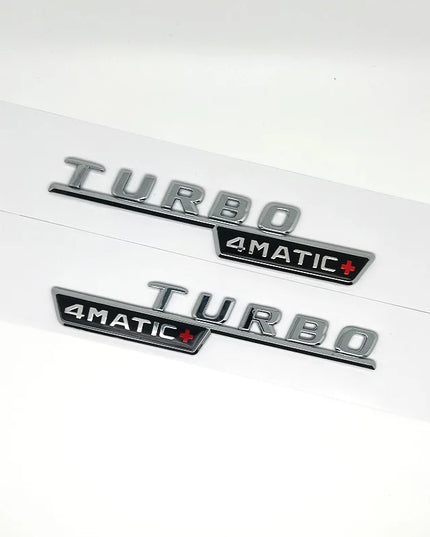 2pcs Car Letters Fender Trim Badge Turbo 4matic Plus Emblem Sticker For Mercedes AMG A45 CLA45 C117 GLA45 GLE53 X247 Accessories