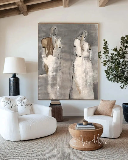 Mhemyo Wabi Sabi Wall Art Woman Figure Hand Painted Painting Large Grey Beige Textured Painting Vintage Figurative Canvas Art