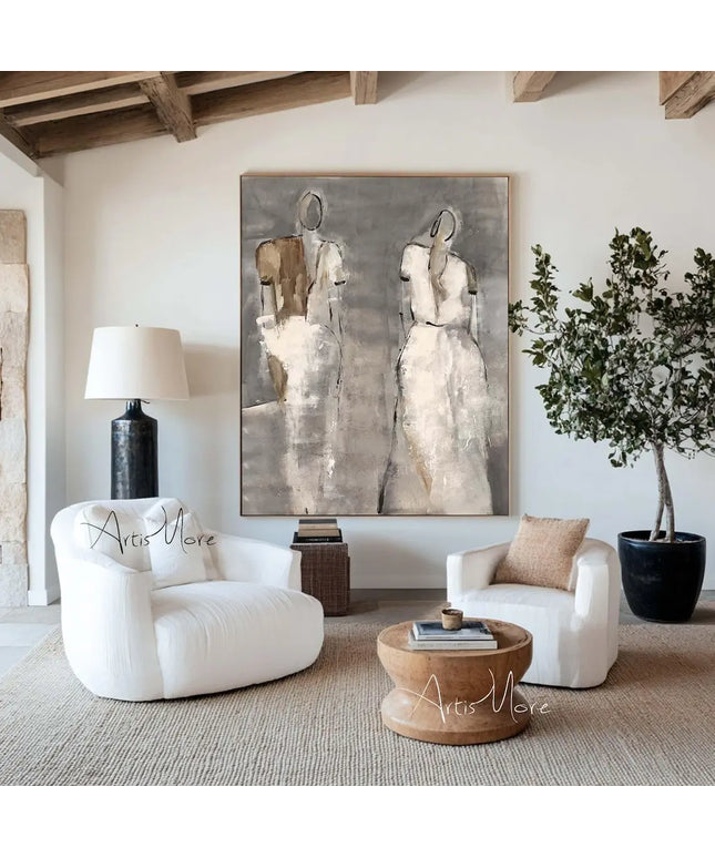 Mhemyo Wabi Sabi Wall Art Woman Figure Hand Painted Painting Large Grey Beige Textured Painting Vintage Figurative Canvas Art