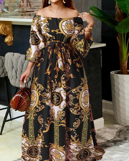 VONDA Women Printed Party Dress 2024 Sexy Off Shoulder Long Lantern Sleeve Bohemian Sundress Belted Vintage Maxi Robe Oversized
