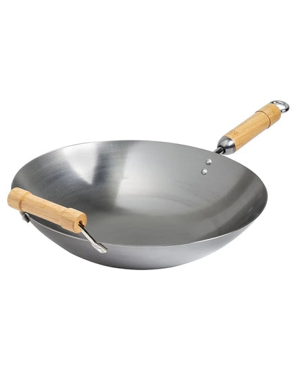 14 Inch Round Bottom Carbon Steel Wok with Birch Handles Induction Safe Non Stick Traditional Asian Cooking Essential Hand Wash