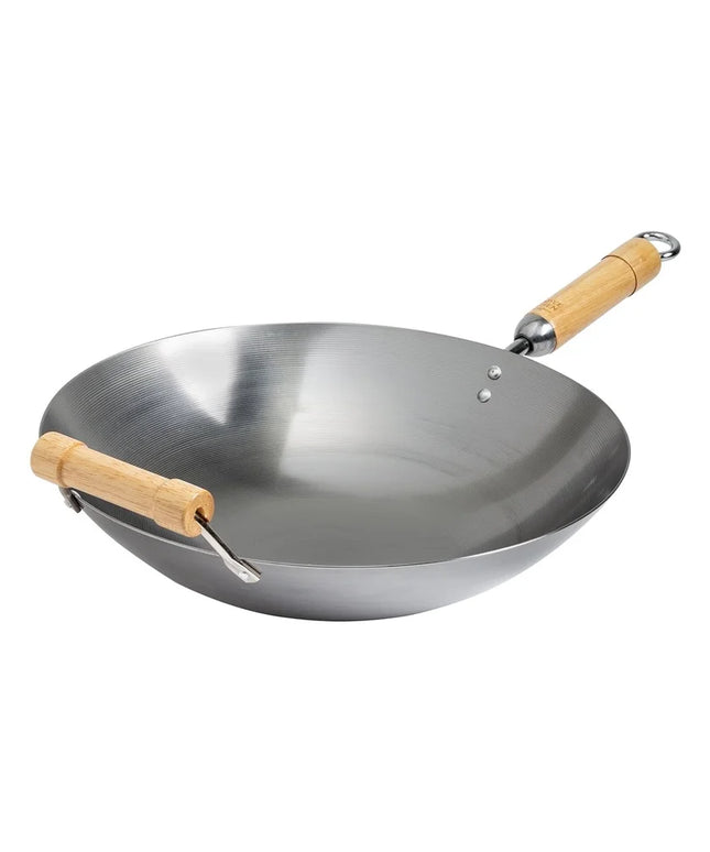 14 Inch Round Bottom Carbon Steel Wok with Birch Handles Induction Safe Non Stick Traditional Asian Cooking Essential Hand Wash