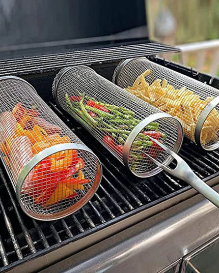 Rolling Bbq Basket- Greatest Grilling Basket Ever, Round Stainless Steel Grill Mesh, Camping Barbecue Rack For Vegetables,Fish