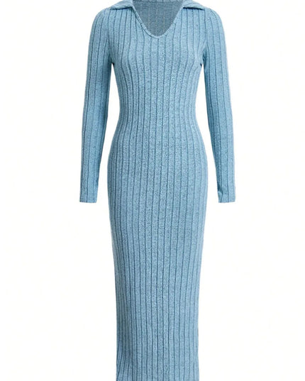 Spring and summer 2024 new style knitted slim lapel long sleeve dress pit strip solid color tight skirt