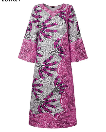 Plus Size 5XL VONDA Bohemian Long Dress Women V-Neck Long Sleeve Printed Party Vestidos European and American Vintage Maxi Robe