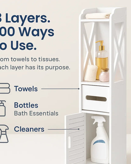 Bathroom toilet furniture cabinet, white wooden cabinet shelf, paper towel storage rack, bathroom storage rack